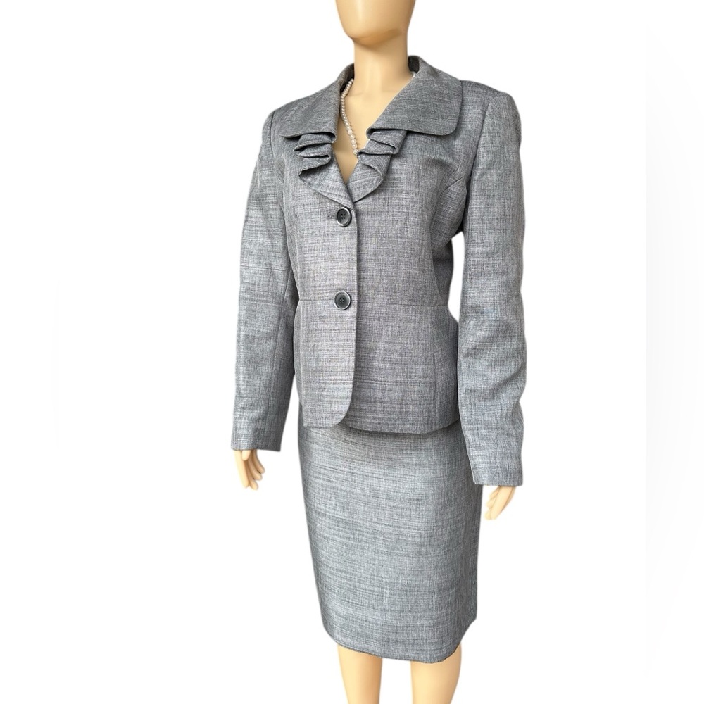Classic Women's Gray Pencil Skirt Suit with Ruffle Collar